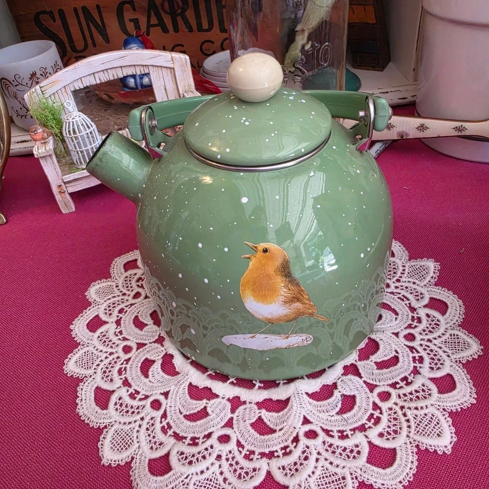 Vintage Enameled Snow bird tea pot